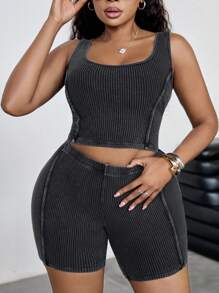 Dripcurv Plus-Size Black Ribbed Crew Neck Sleeveless Top And Shorts Two Pieces Set, Summer Sporty Style. - Black - View 6