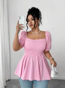 Elenzga Áo cánh nhún bèo thời trang cỡ lớn cho nữ, cổ vuông, dễ thương và đa năng, áo bó thường ngày - trắng - Xem 5