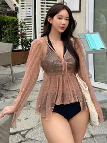 DAZY 女士性感长袖沙滩罩衫亮片度假风 - 香檳色 - 查看 5