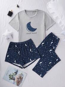 SHEIN Bộ 3 món/Bộ áo thun tay ngắn in hình sao và mặt trăng, quần short và quần dài Pyjama, thường ngày - Nhiều màu - Xem 5