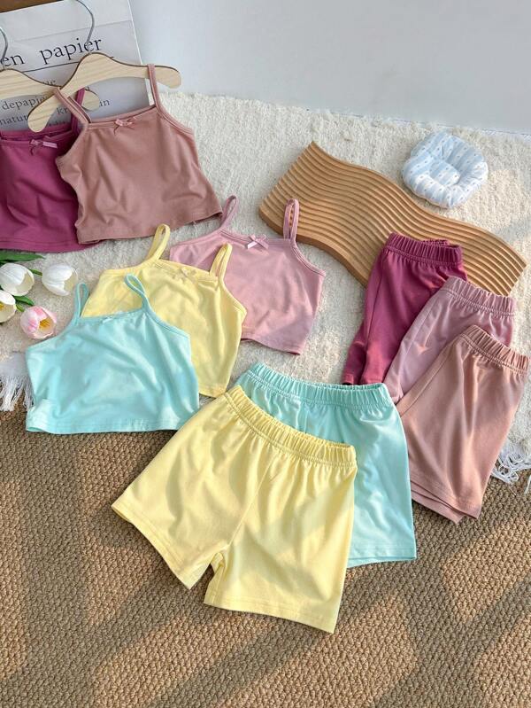 SHEIN 10 pièces/Paquet Top à bretelles et short décontractés pour bébé fille tout-petits, usage quotidien intérieur/extérieur 0-3 ans, multicolore