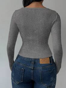 SHEIN BASICS Women's Casual Solid Color Knit Long Sleeve Slim-Fit Sweater - Light Grey - View 2