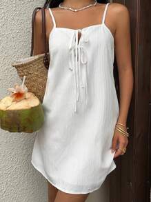 Sunnyshic Solid Textured Chiffon Spaghetti Strap Front Cutout Lace-Up A-Line Mini Dress - White - View 3
