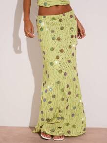 SHEIN BAE Lime Green Beaded Floral Long Skirt & Backless Tie-Up Beach Vest,Summer Seductive Night Out Bohemian Solid Color Set For Bridal Party,Tea Party Woman - Green - View 6