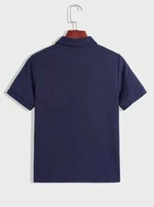 SHEIN Koszulka polo dla chłopców w kolorze granatowym, prosty krój, swobodny styl college'owy, wygodna, modna, uniwersalna, miękka tkanina, odpowiednia do codziennego noszenia, szkoły, wycieczek, sportów na świeżym powietrzu, sezonu wiosna/lato - Królewski Niebieski - Zobacz 3