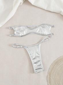 Swim SXY 2 件套性感银色抹胸露背比基尼泳装（含丁字裤），适合海滩度假 - 銀色 - 查看 7