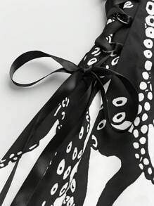 SHEIN Clasi Váy dây buộc bên hông in hình bạch tuộc tông màu tối thanh lịch, mùa hè - Đen và trắng - Xem 6