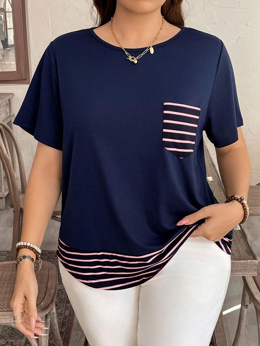 SHEIN LUNE Große Größen Kontrast Gestreiftes Taschen Lässig T-Shirt, Western Wear Boho Bohemian 90er Jahre Festival Sommer Ausgehshirt - Verschiedenfarbig - Übersicht 1