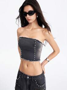 LYSMO Kamisol Denim Bodycon Wanita Warna Polos dengan Rumbai di Bagian Bawah dan Tali di Belakang - Grey - View 5
