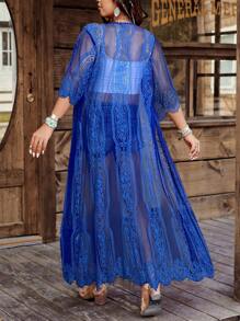 SHEIN Holidaya Plus Size Women Embroidered Sweet Dress, Resort Style, French Design - Navy Blue - View 2