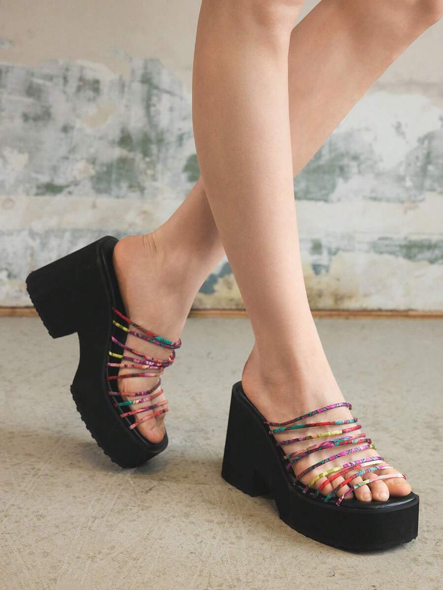 Sugerpunk Women's Fashion Versatile Increase Height Square Toe High 10cm Wedge Heel Roman Style Colorful Platform Thick Sole Sandals - Multicolor - View 1