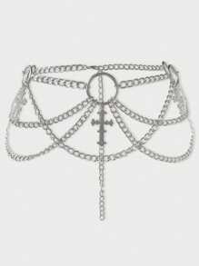 ROMWE 1pc Women Gothic Cross Design 3-Layer Chain Belt, Silver & Black Versatile Dress Accessory, Halloween - Silver - View 3