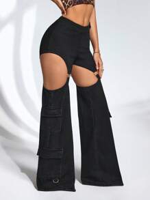 SHEIN ICON Women's Casual Hollow Out Circle Detail Flared Legs Denim Pants - Navy Blue - View 5