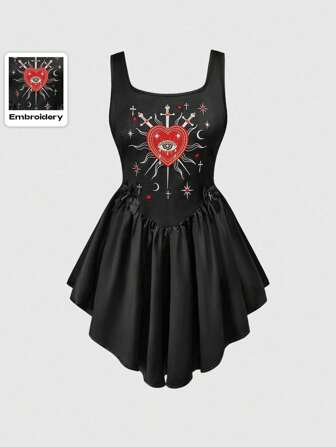 Goth Abito mini asimmetrico da donna in stile gotico, con cuore ricamato, cristalli a forma di goccia e orlo irregolare, per la primavera