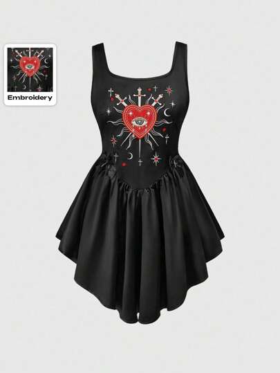 Goth Vestido mini con borde asimétrico, bordado gótico con corazón de cristal y gota, estilo gótico hada para mujer, primavera