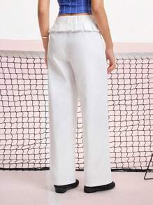 SHEIN MOD White Pleated Ruffle Trim Adorable Straight Leg Pants - White - View 2