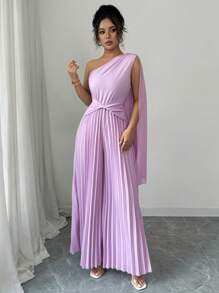 Elenzga Elegant Asymmetrical Neck Flounce Cinched Waist Wide Leg Romper For Women - Purple - View 3