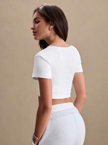 SHEIN Sports Ladies' Casual Twist Hollow V-Neck Short Sports T-Shirt, Spring/Summer - White - View 3