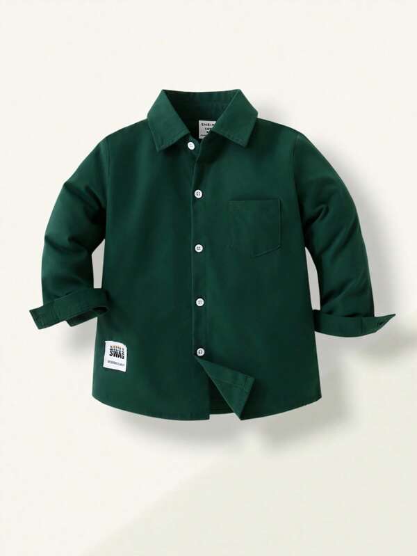 SHEIN Boys Casual Solid Color Long Sleeve Shirt, Stylish Logo Decor, Pair With Casual Pants, Suitable For Daily Casual Wear, Travel, Gatherings, Holidays, And School, Perfect For Spring And Autumn Seasons. Getaway, Holiday, Travel, Relax, Sunbathing, Summer