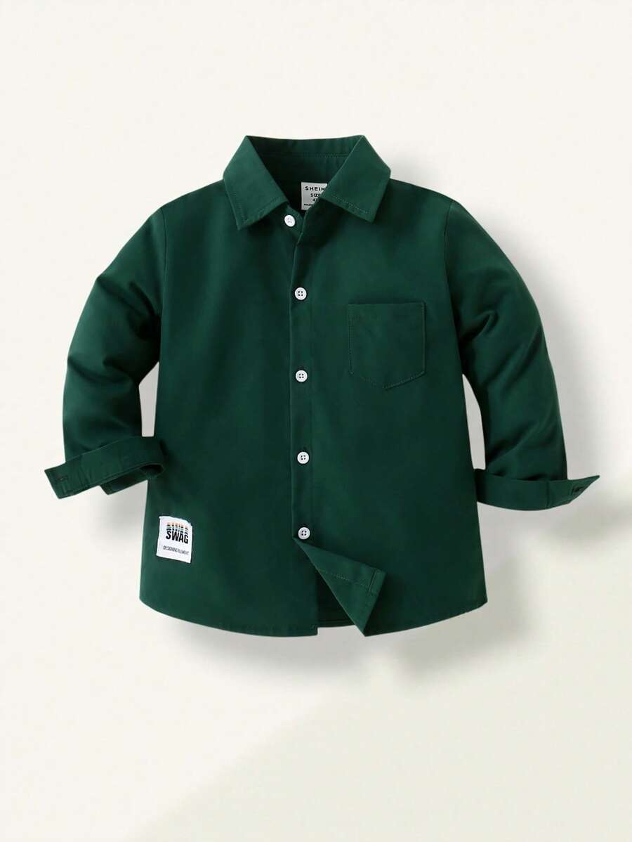 SHEIN 男童休闲纯色长袖衬衫，时尚logo装饰，搭配休闲裤，适合日常休闲、旅行、聚会、度假和上学，春秋季节的完美之选。度假、度假、旅行、放松、日光浴、夏季 - 墨綠色 - 查看 1