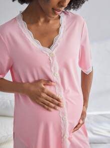 BloomMama Set di pigiama da allattamento con maniche corte, 2 pezzi con pizzo e bottoni, set da camera elegante per il sonno - Rosa - Visualizzare 5