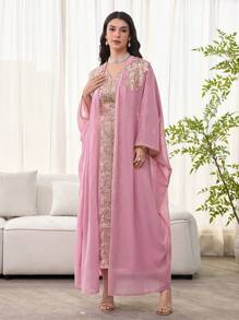 SHEIN Najma 2 件套宽松时尚女士连衣裙套装，带刺绣珠饰，定制，朴素长袍 - 粉色 - 查看 4