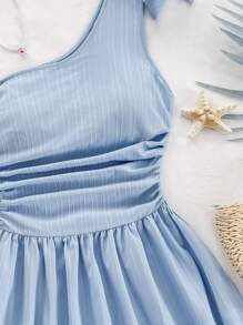 Soleia 女式夏季条纹荷叶边褶皱单肩迷你连衣裙