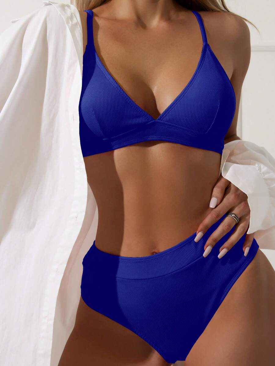 Swim Basics Summer Beach Rib Triangle High Waisted Bikini Set - Royal Blue - View 1