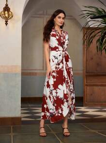 ZEYLAH Vacation Elegant Floral Print Pleated Midi Dress - Multicolor - View 4