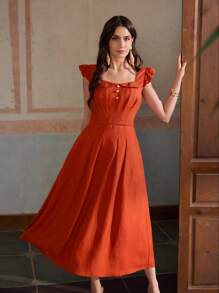 ZEYLAH Women Linen Midi Dresses - Orange - View 7