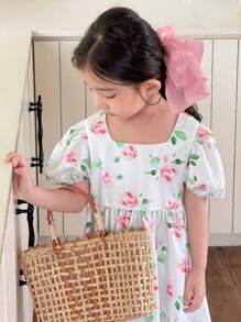 SHEIN Young Girls Woven Floral Puff Sleeve Fitted A-Line Hem Dress, Suitable For Girls Daily Wear, Vacation, Festival, Family Gathering And Special Occasions - White - View 5
