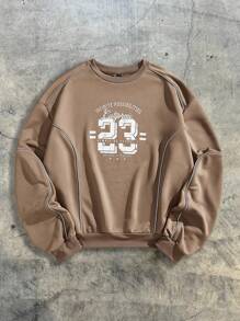 AXEPEAK Men's Loose Fit Round Neck English Letter Print Long Sleeve Pullover Sweatshirt, For Fall Winter - Coffee Brown - View 2
