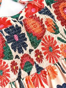 SHEIN 少女无袖镂空印花连体裤，适合情人节、毕业季、婚礼、度假、海滩等场合 - 杏色 - 查看 5