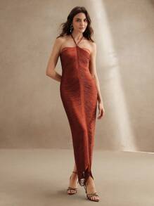 Anewsta 优雅朱砂红色修身露背流苏长裙，奢华晚礼服，时尚夏季派对礼服，毕业典礼，节日，婚礼宾客