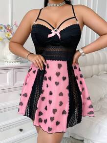 SHEIN Camisón de talla grande con encaje, escote trasero y estampado de corazón en tela de malla sexy