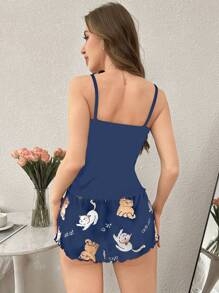 Cute Cat Print Ruffle Trim Camisole And Shorts Sleepwear Set - Multicolor - View 2