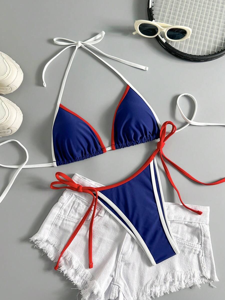 Swim Vcay 2 bộ đồ bơi Tankini Splice dành cho nữ, phong cách đại học tôn dáng khi tắm nước nóng và nghỉ dưỡng bãi biển - Màu xanh hải quân - Xem 1