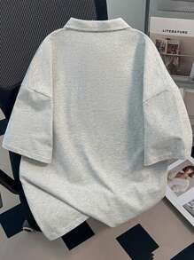 SHEIN 半拉链夏季休闲丝网印花男式 Polo 衫 - 灰色 - 查看 2