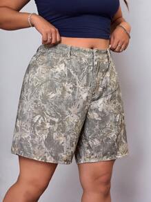 SHEIN ICON Quần short denim midi in họa tiết cổ điển thời trang dành cho nữ cỡ lớn - màu nâu - Xem 3