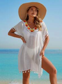 Swim Lushoire Beach Vacation Contrast Crochet Batwing Sleeves V-Neck Fringe Trim Beach Cover Up Dress For Women For Summer - White - View 5