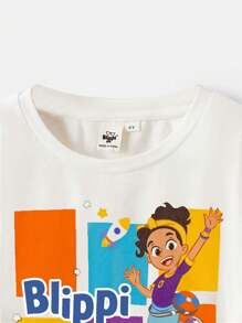 Blippi X SHEIN Maglietta a girocollo a maniche lunghe con grafica a cartoni animati colorati, per ragazzi giovani
