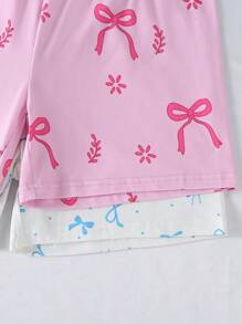 4 件套女童可爱蝴蝶结图案无袖上衣和短裤睡衣套装，休闲时尚粉色和蓝色组合