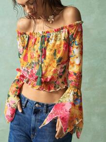 Bohemela Blouse en mousseline de style bohème avec imprimé de fleurs de rose, épaules dénudées, manches longues évasées, coupe au-dessus de la taille - pour la plage et les vacances