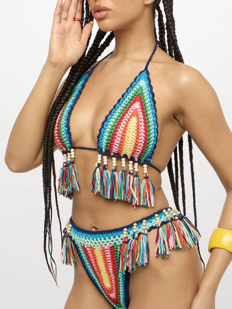 SUMWON Handmade Crochet Bikini Set Beach Swimwear Rainbow Stripe Tassel Fringe Festival Vacation Pool Summer Knitted Swimsuit Cover Up