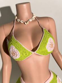 Slaydiva Green Floral,Summer,Boho,Vacation,Holiday Women 2Pcs Crochet Knit Swimsuit, Flower Pattern Triangle Bikini Top+Shorts,Music Festival Beach Party - Green - View 4
