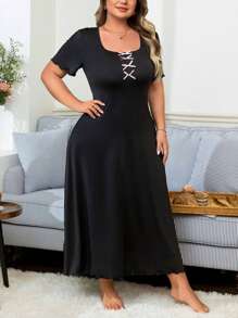 Plus Size Women's Sweet Elegant Tie-Bow Loose Maxi Dress, Sleepwear