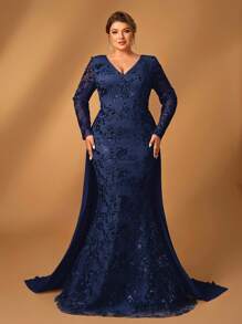 Serin Plus Size Women's Elegant Luxurious Sparkling Sequin Fabric V-Neck Mid-Sleeve Mermaid Long Hem Patchwork Chiffon Flowy Dress, Suitable For Wedding, Gala, Party, Formal Mother Of The Bride Dress