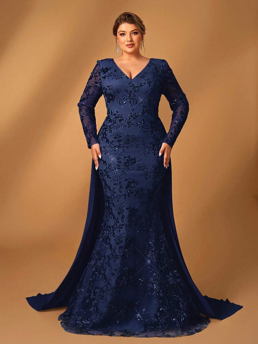 Serin Plus Size Women's Elegant Luxurious Sparkling Sequin Fabric V-Neck Mid-Sleeve Mermaid Long Hem Patchwork Chiffon Flowy Dress, Suitable For Wedding, Gala, Party, Formal Mother Of The Bride Dress