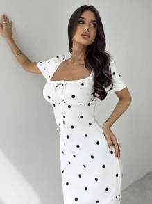 Firerie 女士优雅简约褶皱方领波尔卡圆点连衣裙，适合日常穿着和度假，夏季 - 白色 - 查看 7