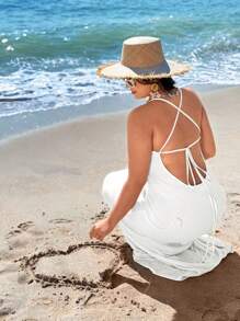 SHEIN VCAY Váy bó hở lưng cỡ lớn có họa tiết hoa 3D, thời trang cho mùa hè - trắng - Xem 3